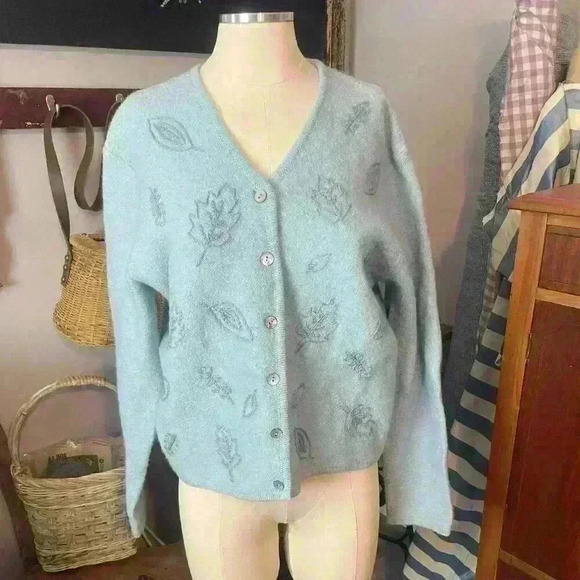 Light Blue Long Sleeve Wool Granny Cardigan with Embroidered Leaf Motif - Picture 1 of 8